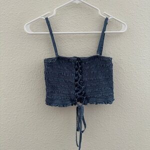 American Eagle Smocked Crop Top Womens Small Blue Lace Up Front Spaghetti Strap